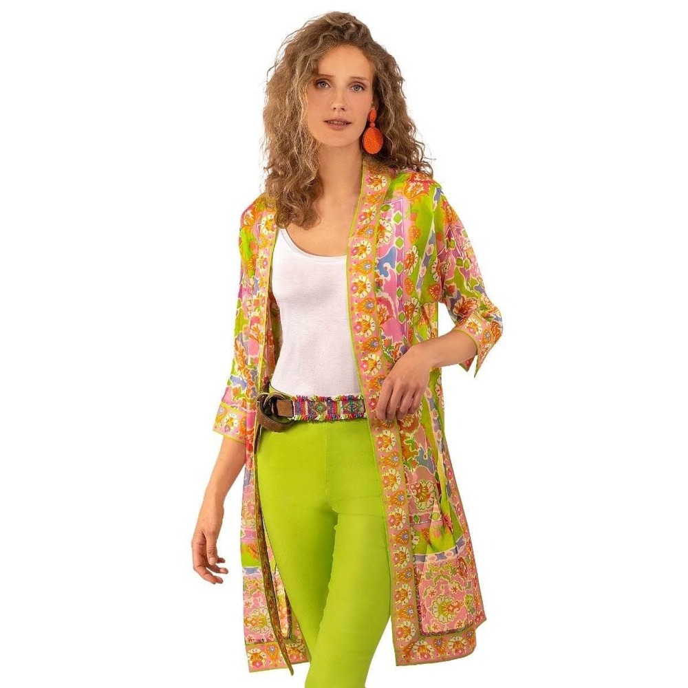 Gretchen Scott Poly Crepe Kimono Pink Lime Watteau Floral Duster ML New